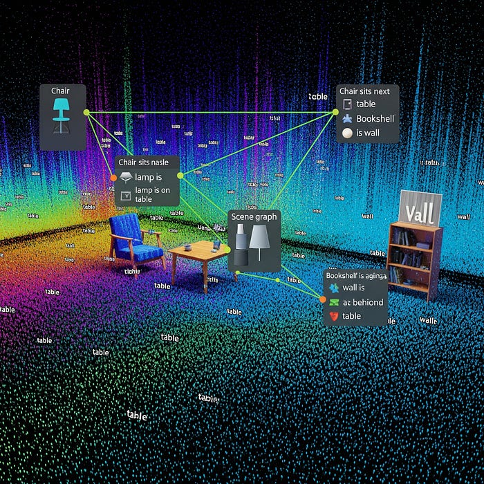 This vivid image is a 3D point cloud visualization of a room, with identified objects like a chair, table, lamp, bookshelf, and wall overlaid with their spatial relationships, effectively demonstrating how scene graphs encode spatial intelligence and enable queryable knowledge for spatial reasoning.