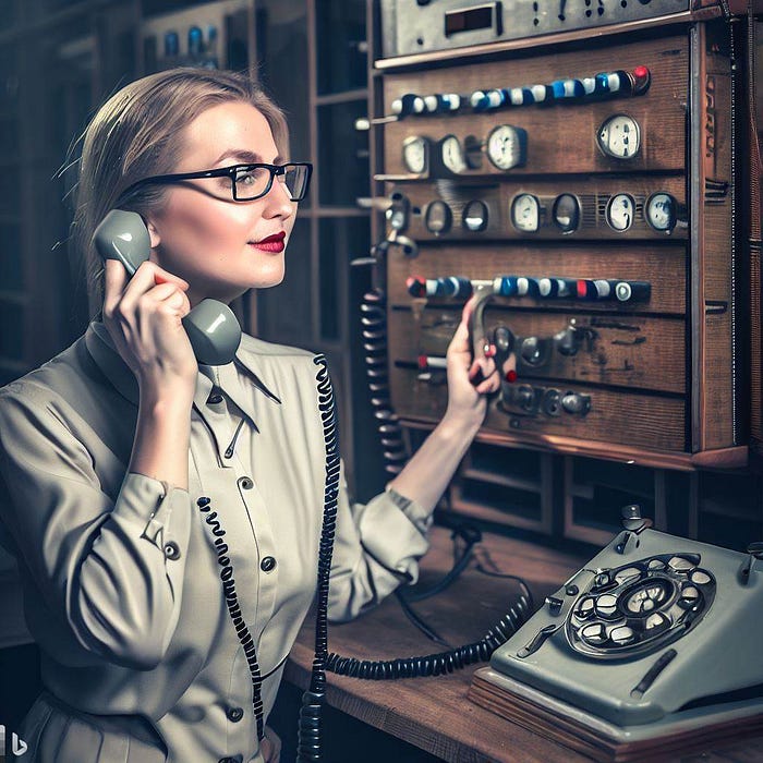 Old-style telephone operator sitting at a switchboard