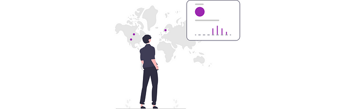An illustration of a man standing in front of a map with a floating data analytics graphic.