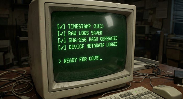 A retro green hacker terminal screen displaying a completed checklist for securing digital evidence, including timestamps, raw logs, hashing, and metadata.