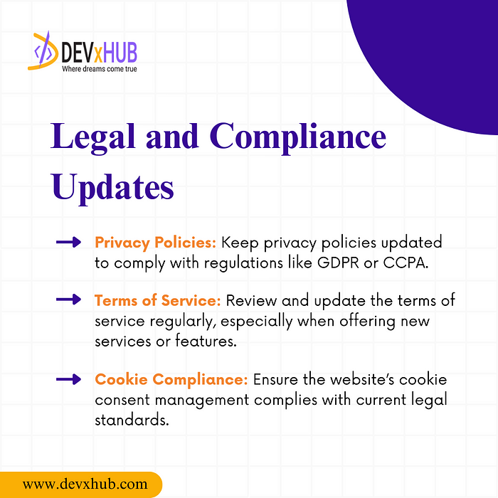 Legal Compliance: → Regularly update privacy policies, terms of service, and cookie consent to meet legal standards.Legal Compliance: → Regularly update privacy policies, terms of service, and cookie consent to meet legal standards.