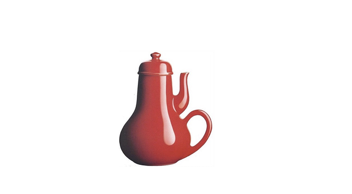 a poorly designed red teapot that causes frustration or difficulty to the user, with handle and nose on one side
