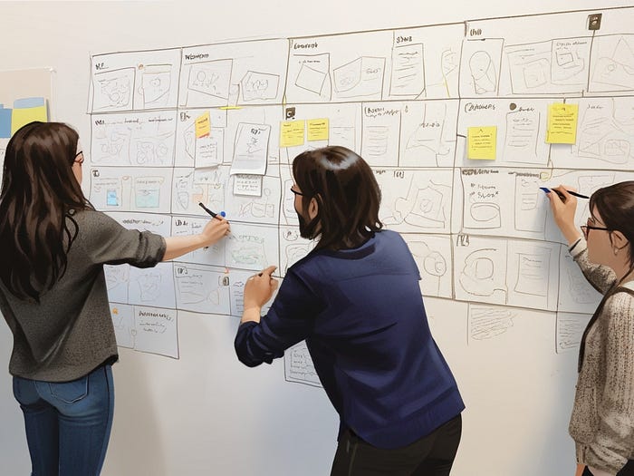An image generated on IA tool leonardo.io to explain user research. the image represents three user researchers working on a user journey mapping with post-its on a wall.