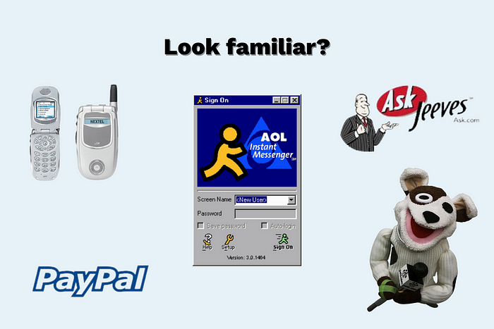 A photo collage showing artifacts of the dot com era — old cell phones, AOL's login pop-up, Ask Jeeves logo, Pets.com sock puppet, and PayPal's original logo