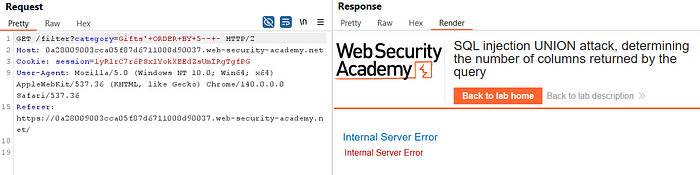 Image 3 — SQL Injection UNION Attack — Determining the Number of Columns Returned By Query