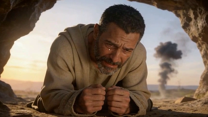 Cinematic biblical image of Lot lying on the ground inside a rocky cave, crying and shaken after escaping the destruction of Sodom.