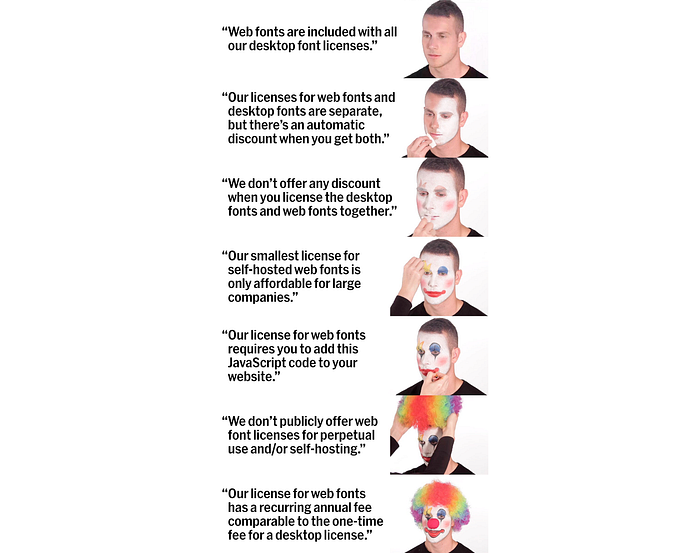 A meme image stating a whole lot of font licensing jargon, with each statement featuring a man wearing a clown makeup, from start to finish.