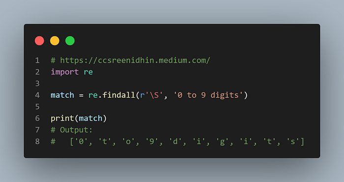 Regular expression example for ‘\S’ character
