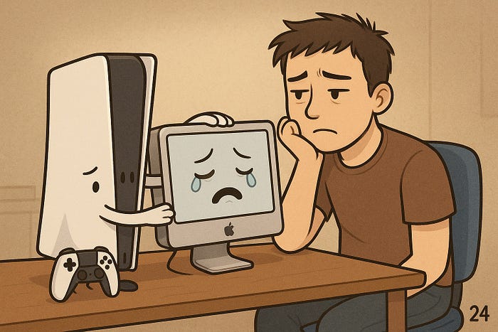 AI-generated image of a gaming console consoling a crying Mac