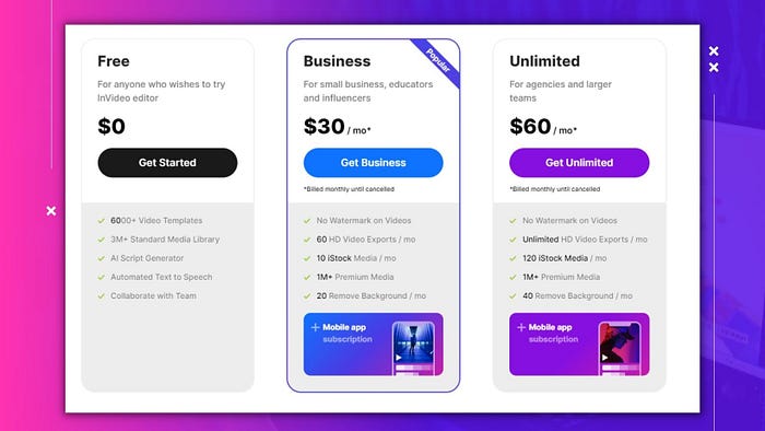 invideo pricing plans Review: InVideo’s pricing plans offer a wide range of options to accommodate the needs of different users. The Free Plan provides a risk-free way to explore the platform, while the Business Plan and Unlimited Plan cater to small businesses, educators, influencers, agencies, and larger teams with more advanced requirements.