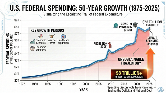 Line chart titled “U.S. Federal Spending: 50-Year Growth (1975–2025)” showing federal outlays rising from under $1 trillion in the mid-1970s to nearly $8 trillion annually by 2025, with notable increases around the 2008 recession and the 2020 COVID-19 pandemic, and labels highlighting ongoing deficit spending and an “unsustainable trajectory.”