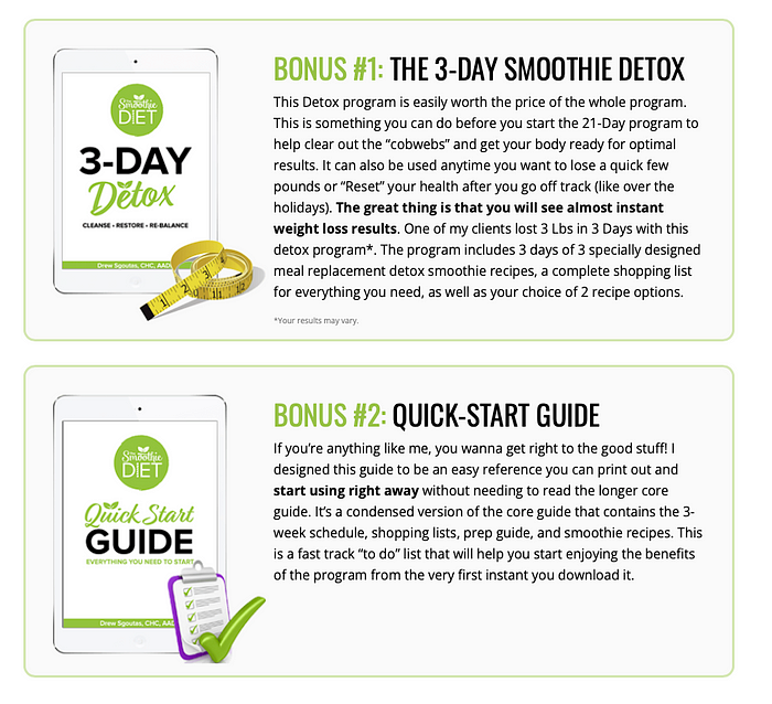 smoothie diet 2 banners on bonus info