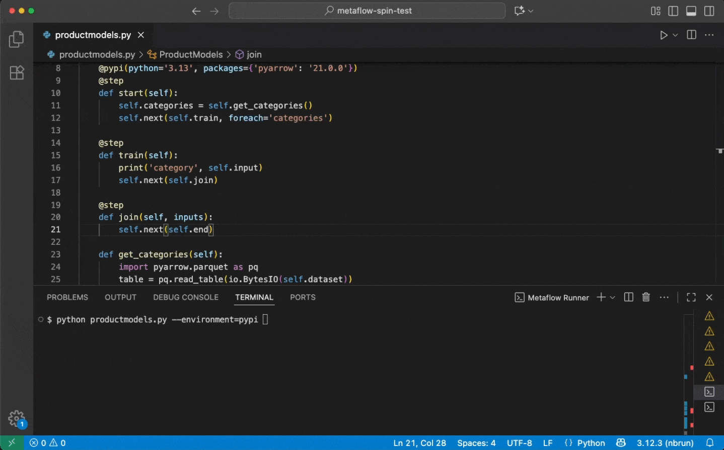 An animated GIF showing how resume can be used in Metaflow. The GIF shows how using `flow.py resume join` makes Metaflow clone previously executed steps and resumes the computation from the `join` step and continues executing till the end of the flow.
