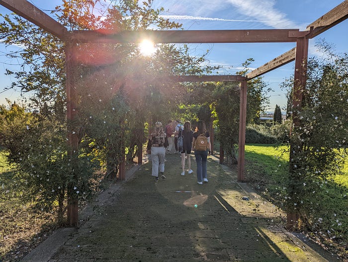 A group of people walking away through a garden