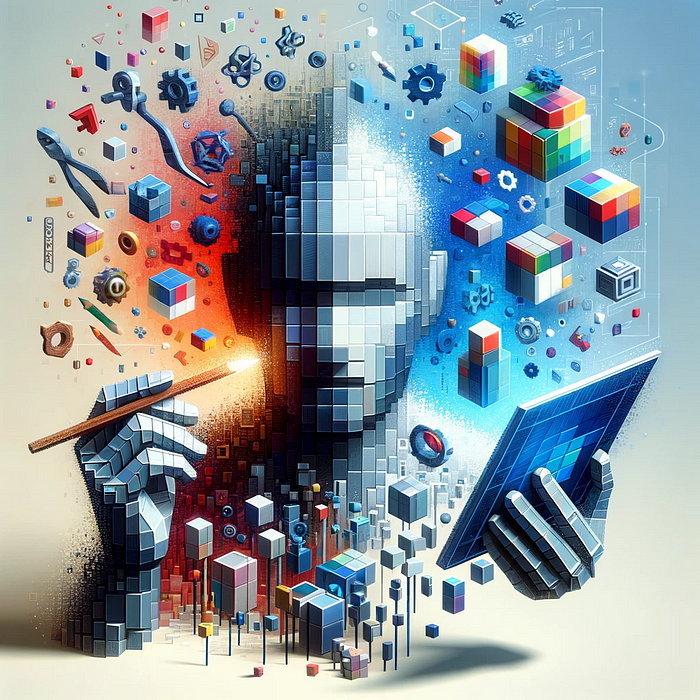 An abstract, 3D image of a creative person trying to build something with an iPad-type device.