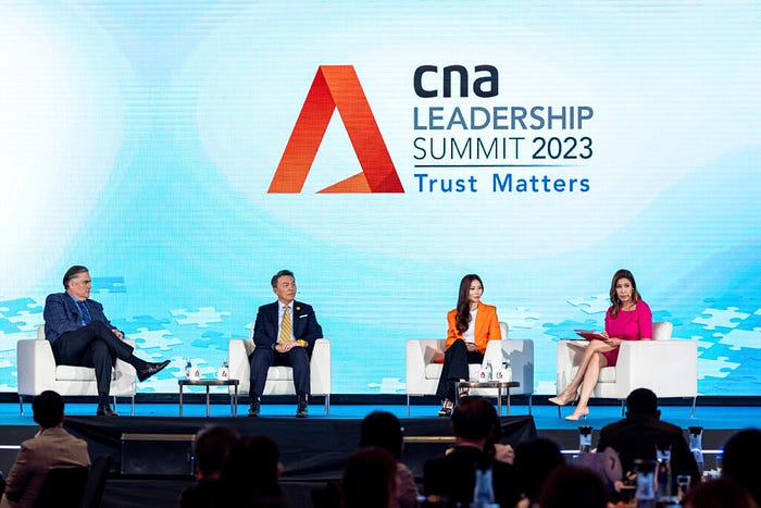 The CNA Leadership Summit 2023 — Trust Matters on ‘Building Trust With Your Customers’ with (From left) Paul Burton, General Manager, IBM Asia Pacific, Christopher Ong, Managing Director, DHL Express Singapore, Rhonda Wong, Founder & CEO of Ohmyhome.