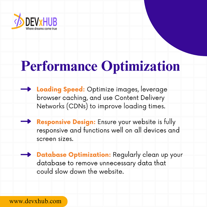 Performance Boost: → Optimize loading speeds with image compression, caching, and CDNs. Ensure responsive design for all devices.
