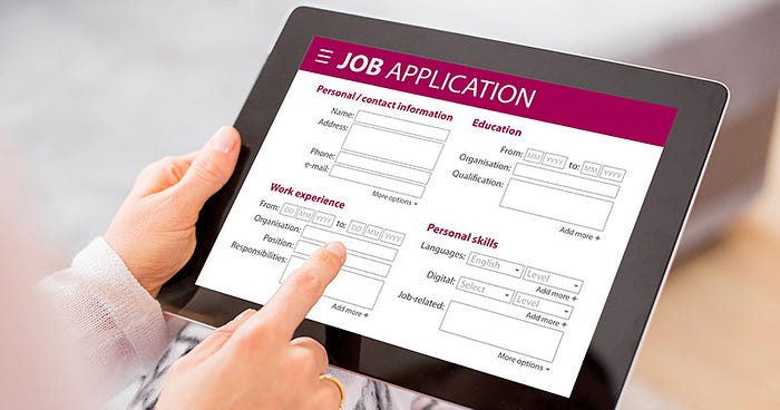 Tablet with a job application form.