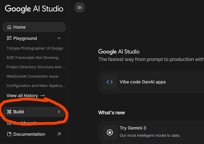 Showing how to get to the app builder in AI studio