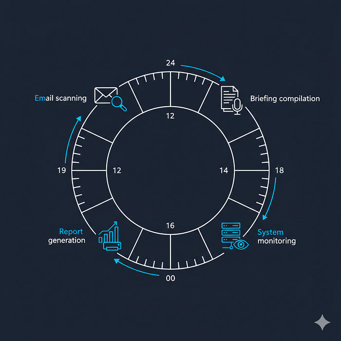 Automated cron job schedule showing daily, weekly, and monthly AI agent tasks running across a 24-hour cycle