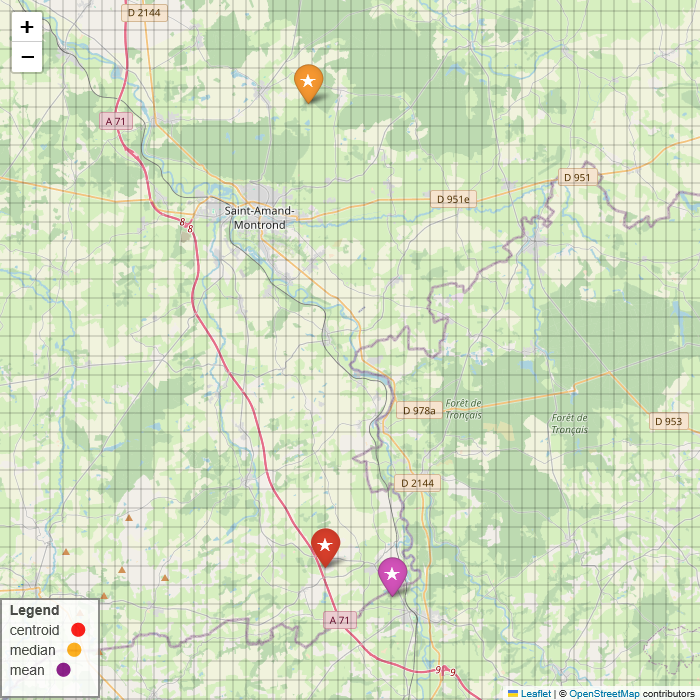 Folium Map displaying the three determined centers of the GeoJSON. The grid lines are roughly one kilometer apart. Image created by author.