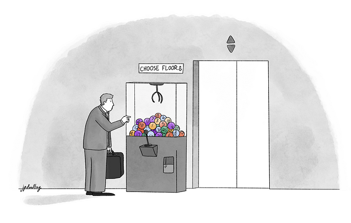 A cartoon of a person using a claw machine to use an elevator