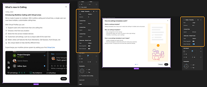 Two side by side screenshots of practical modal examples. With more of the properties hidden, there are only about 10 variant properties visible, but with names like “.Content Row/Layout” and “.Molecules — Modal Footer/Show Carousel,” it isn’t immediately obvious what each dropdown and toggle controls.