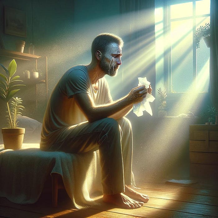 A man with PTSD learning to express his emotions, finding strength in vulnerability.