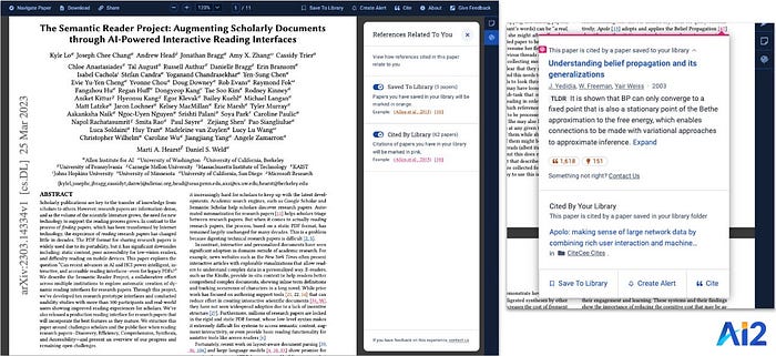 A screenshot of the Semantic Reader with a slightly different design of CiteSee using different colors and the reencountered citations mechanism were based on papers saved in the user’s library instead of their reading histories.