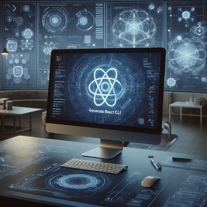 A futuristic workspace with a computer displaying React JS code