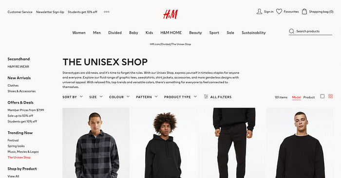 A screenshot of H&M’s Unisex Shop page.