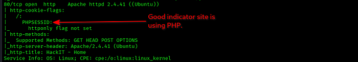 nmap scan results showing PHPSESSID: