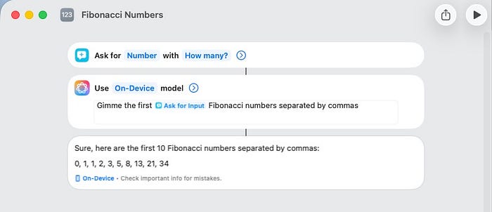 Apple Shortcut that prints out fibonacci numbers using AI