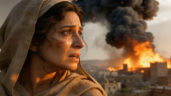 Cinematic biblical image of Lot's wife wearing a hooded robe with tears on her face as she begins to look back toward Sodom.