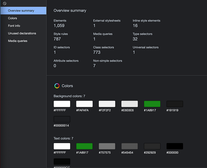 A dashboard with 5 options in left side navigation (Overview, Colors, Font info, Unused declarations and Media queries) and 2 visible sections on the right — Overview and Colors. Overview section has multiple stats about styling, colors section list of used colors with preview of them.