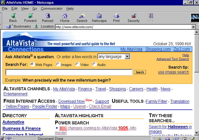 AltaVista web site screen shot from October 1999
