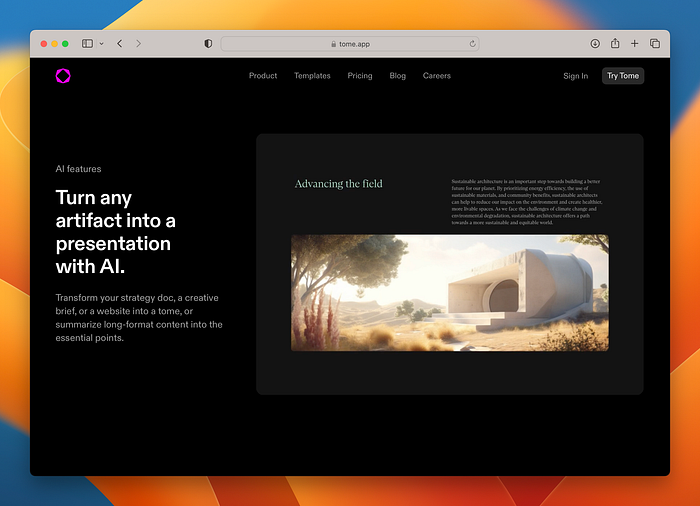 A landing page screenshot of an AI tool called Tome.