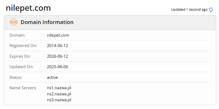 A screenshot showing the Whois domain information of the NilePET website