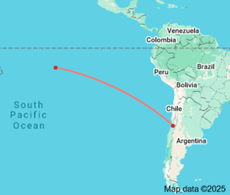 A map of South America showing a line extending from Chile northwest to near the center of the southeast quadrant of the Pacific Ocean