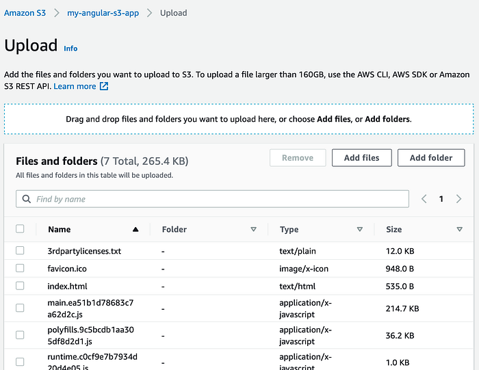 Captura da tela de upload com os arquivos selecionados, listando os arquivos: 3rdpartylicences.txt, favicon.icon, index.html, etc.