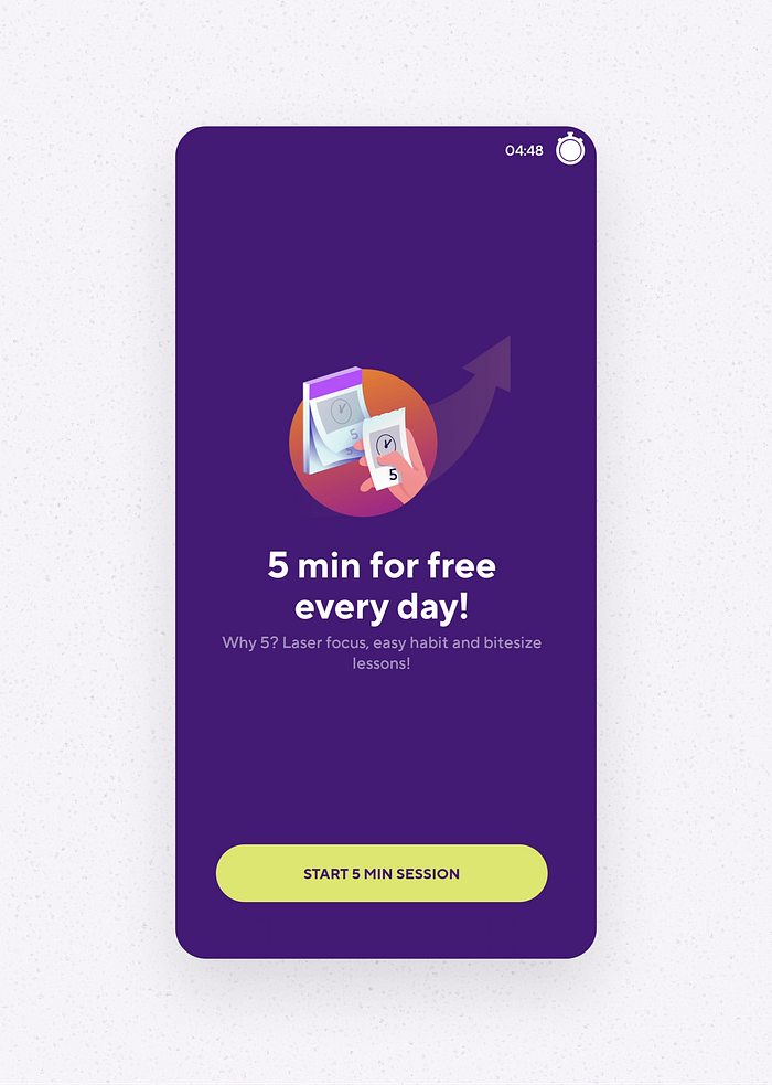 The screen promotes ‘5 free minutes every day.’ On one hand, it seems like a setup for suggesting a subscription for additional learning time, but on the other hand, it describes 5 minutes as the optimal daily ‘workout.’