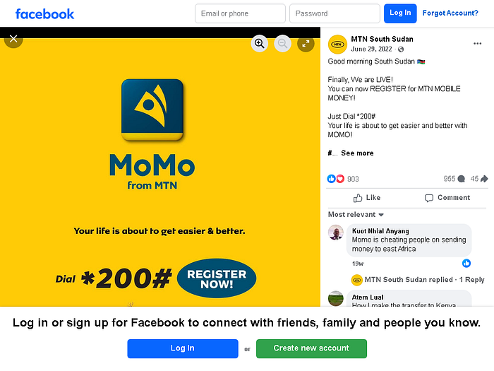 The screenshot of the post made by MTN South Sudan about the MoMo services
