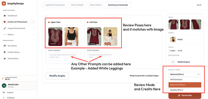 Step 3: Reviewing the SnapMyDesign catalog summary page and configuring quality modes and prompts