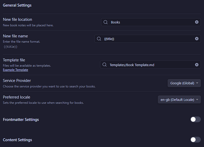 Book Search Settings