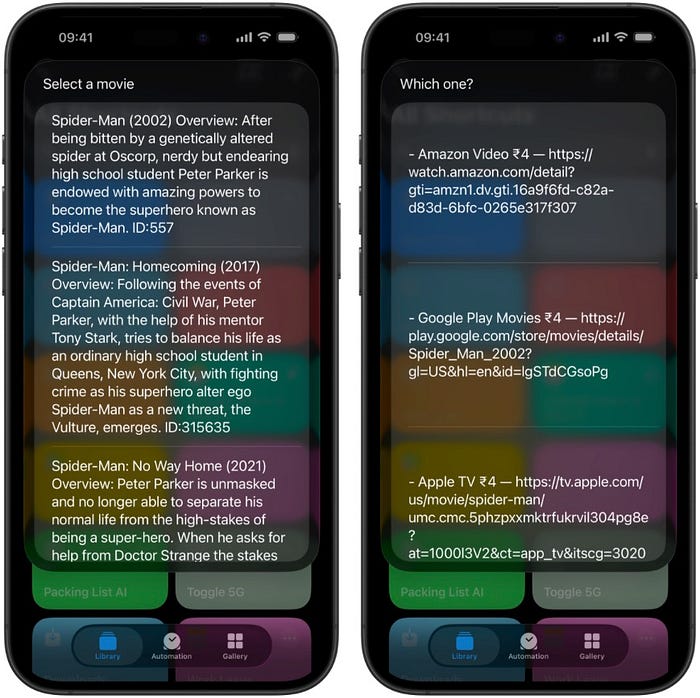 Shortcut displaying matching movie names and their streaming sites