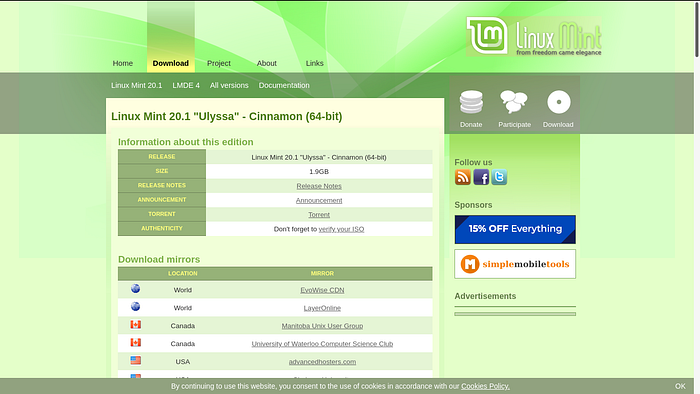 Site do Linux Mint — página de download — 3