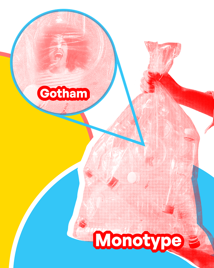 An image collage illustrating Monotype as a bag of trash, with Gotham, personified as a man, stuck in the garbage bag, wanting out.
