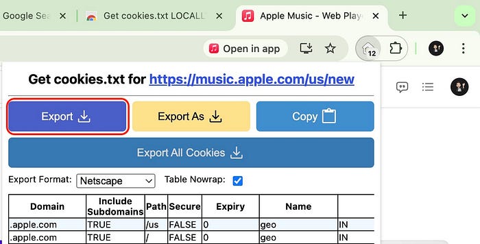 Exporting Apple Music cookies using Get cookies.txt LOCALLY Chrome extension