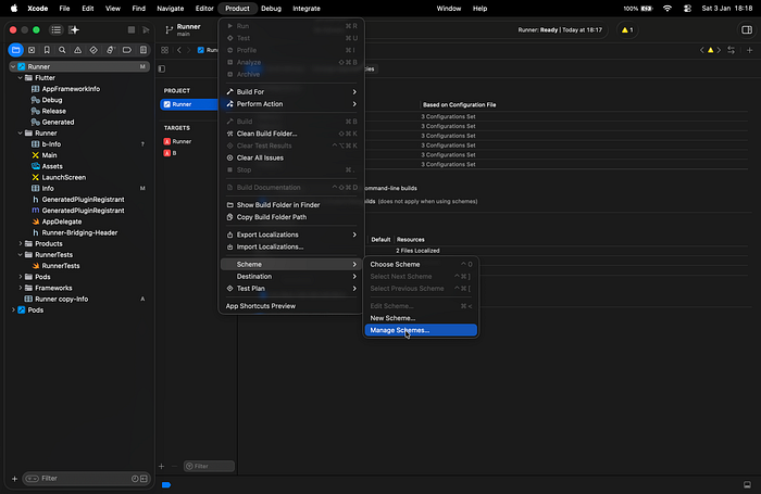 opening Manage Scheme window in Xcode