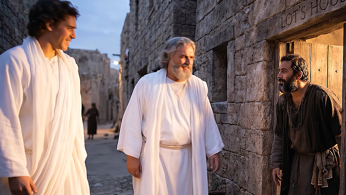 Cinematic biblical scene showing Lot walking through the stone streets of Sodom with a younger man beside him.